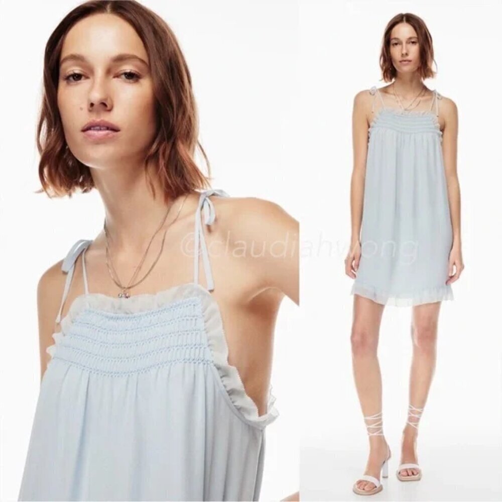 Aritzia Wilfred Cathedral Smocked Ruffled Chiffon Dress Light Blue Size Small
